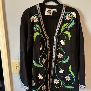 Vintage Storybook Knits Black Cardigan with Floral Embroidery